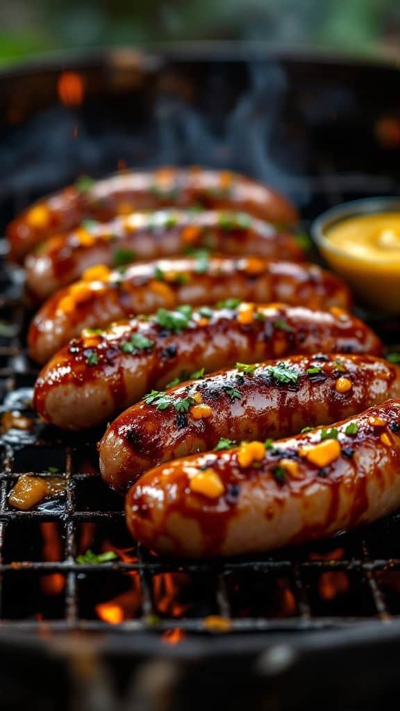 Maple-bourbon glazed sausages cooking on a grill.