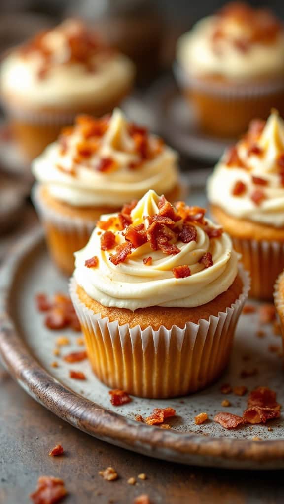 Cupcakes topped with creamy frosting and crispy bacon bits on a wooden tray.