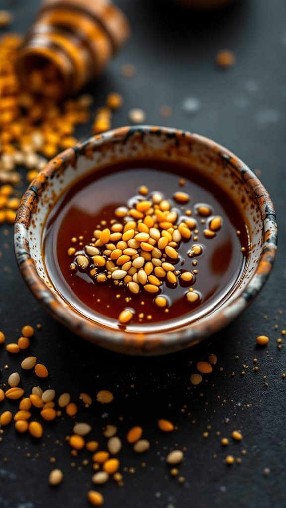 A bowl of maple mustard glaze with sesame seeds on a dark surface.