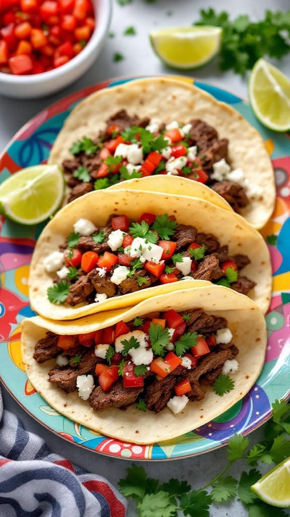 Three marinated flank steak tacos topped with cilantro, diced tomatoes, and cheese on a colorful plate.