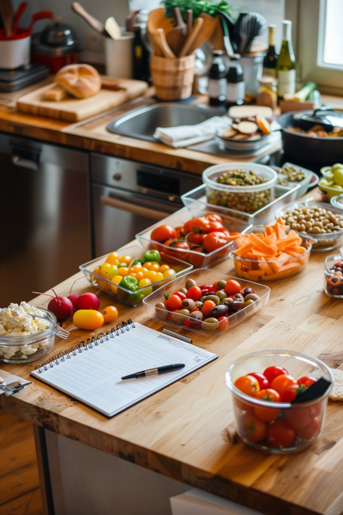 A wooden kitchen countertop filled with colorful fresh vegetables