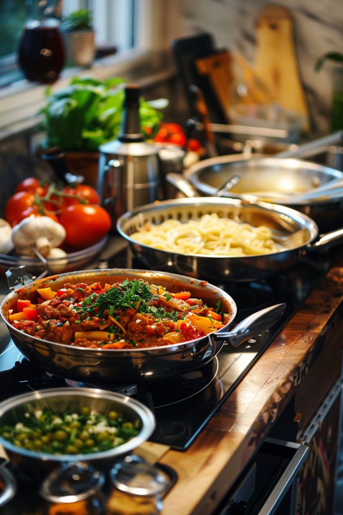 A stovetop with various cooking pans, including one filled with a colorful vegetable stew and another with pasta