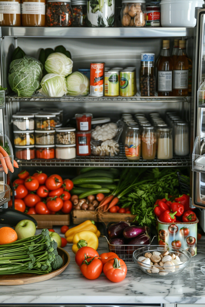 A neatly organized refrigerator shelf filled with fresh vegetables