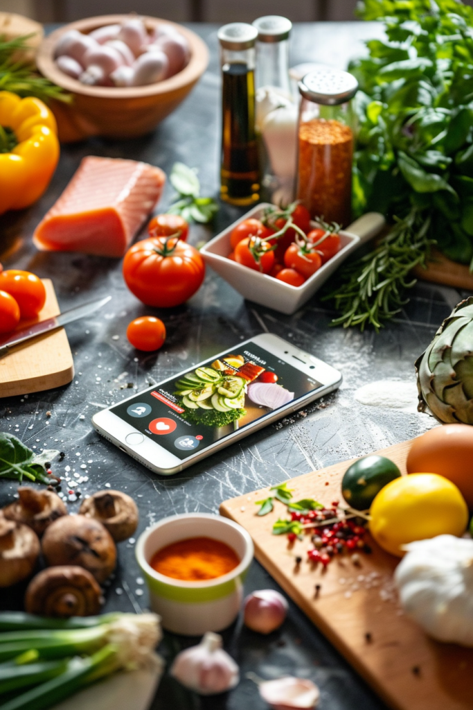 A kitchen countertop with an assortment of fresh vegetables, herbs, and spices, with a smartphone