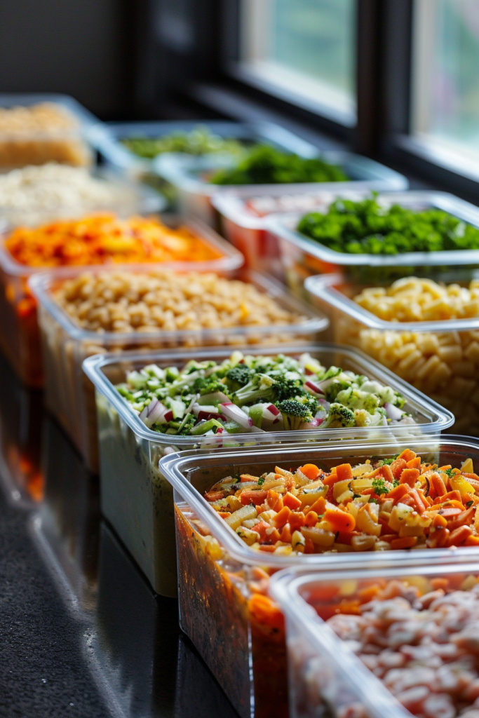 Various meal-prepped vegetables, including carrots, broccoli, and other chopped ingredients, neatly stored in clear containers
