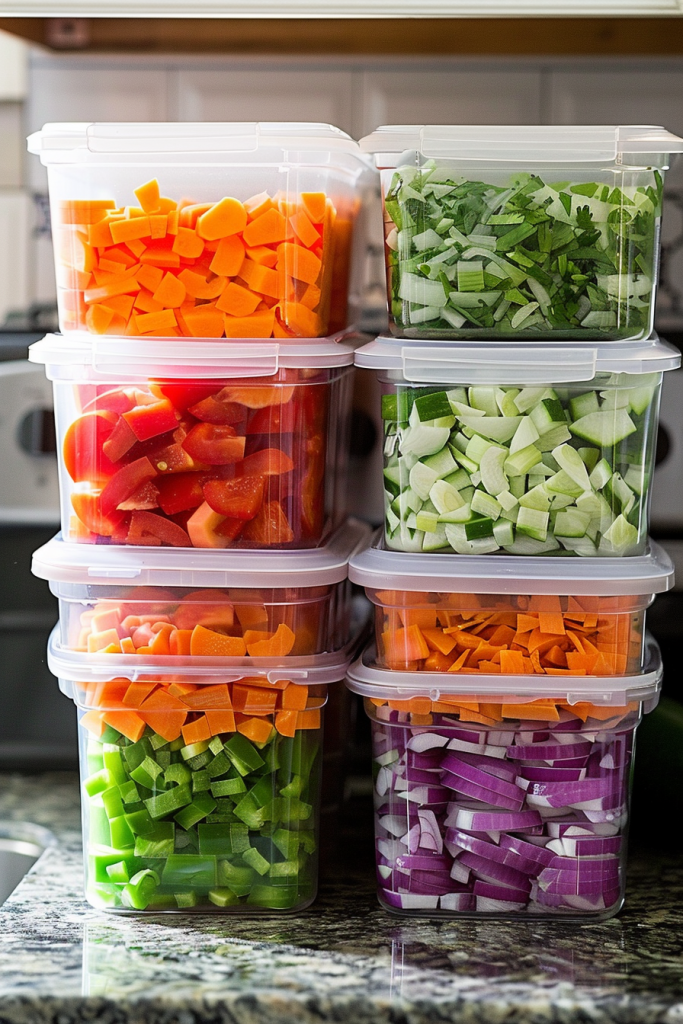 A stack of clear containers filled with chopped carrots, tomatoes, celery, and other vegetables