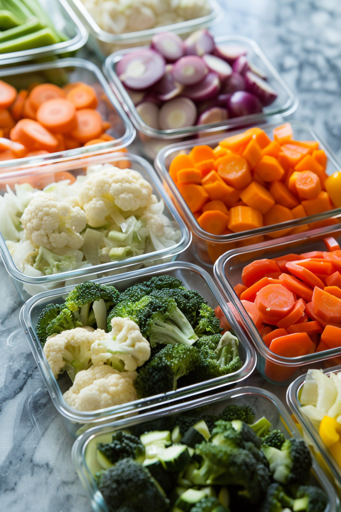 Several glass containers filled with chopped vegetables, including broccoli, cauliflower, carrots, and zucchini