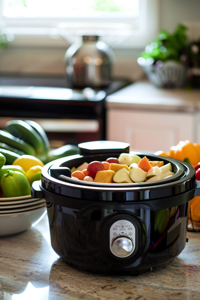 A black slow cooker filled with various chopped vegetables, including carrots and potatoes, set on a kitchen countertop