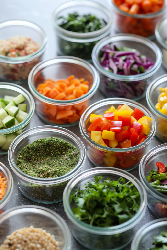 Glass jars filled with chopped vegetables such as carrots, peppers, and cucumber, along with herbs and seasonings