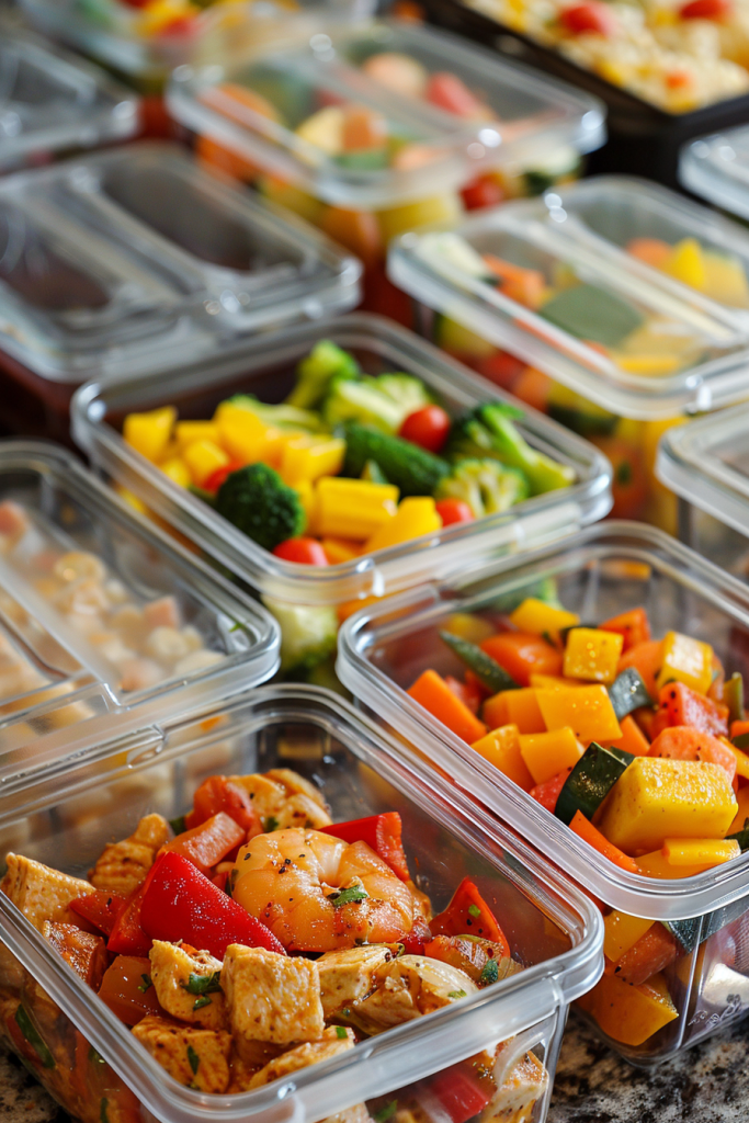 A variety of meal prepped containers filled with cooked vegetables and chicken, including shrimp, bell peppers, and zucchini