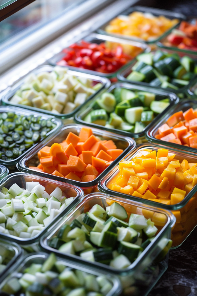 A counter filled with neatly arranged containers of chopped vegetables like cucumbers, carrots, tomatoes, and peppers, ready for meal prep