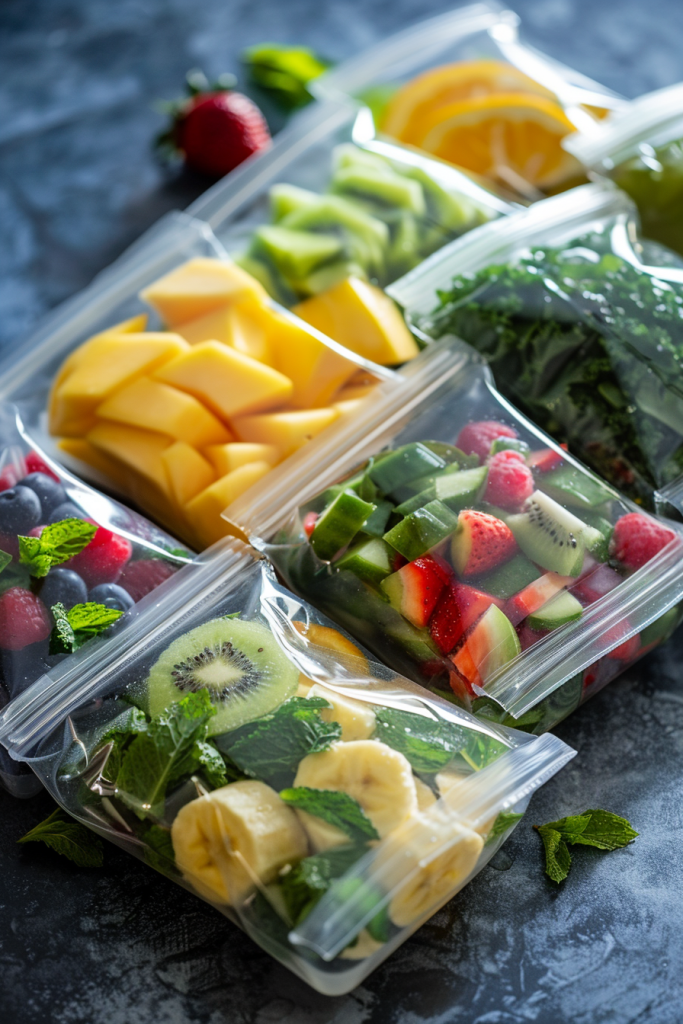 Clear ziplock bags filled with pre-chopped fruits like mango, kiwi, and strawberries, with mint leaves for smoothie prep or snacks