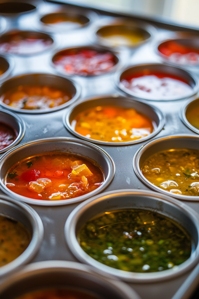 A muffin tin filled with various homemade soups in small portions, each in individual cups, ready for freezing or storing