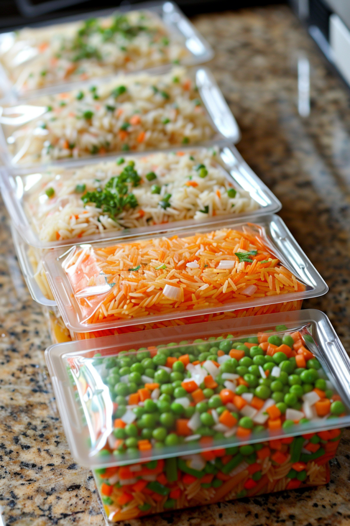 A close-up of colorful rice and vegetables in clear meal prep containers, neatly arranged in rows