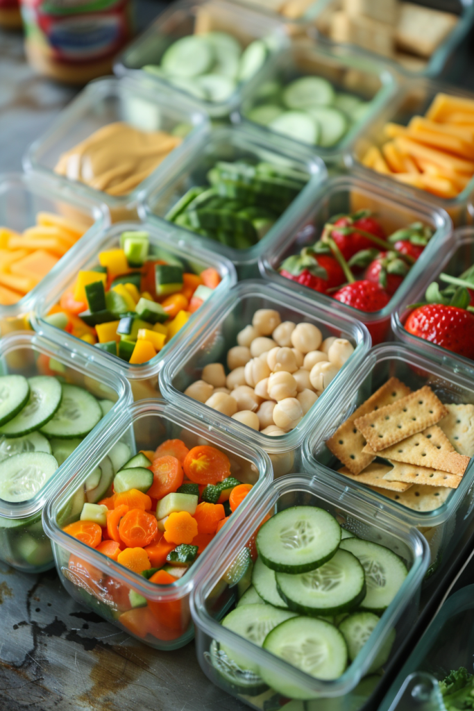 A variety of chopped vegetables such as cucumbers, carrots, and bell peppers in small containers for meal prepping