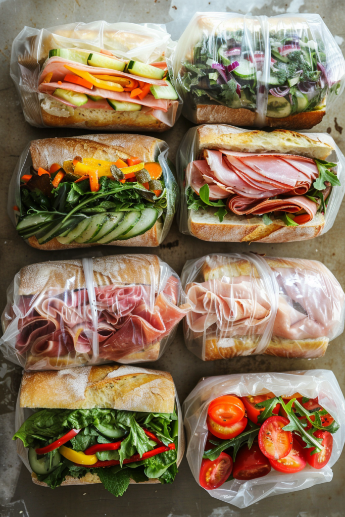 A variety of freshly made sandwiches wrapped in plastic, filled with meats, vegetables, and fresh greens