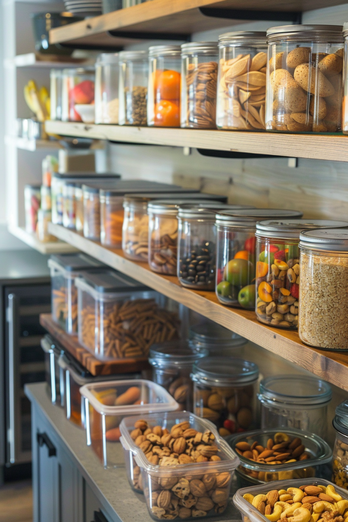 A well-organized pantry shelf with jars filled with snacks like cookies, nuts, and dried fruits, along with fresh produce