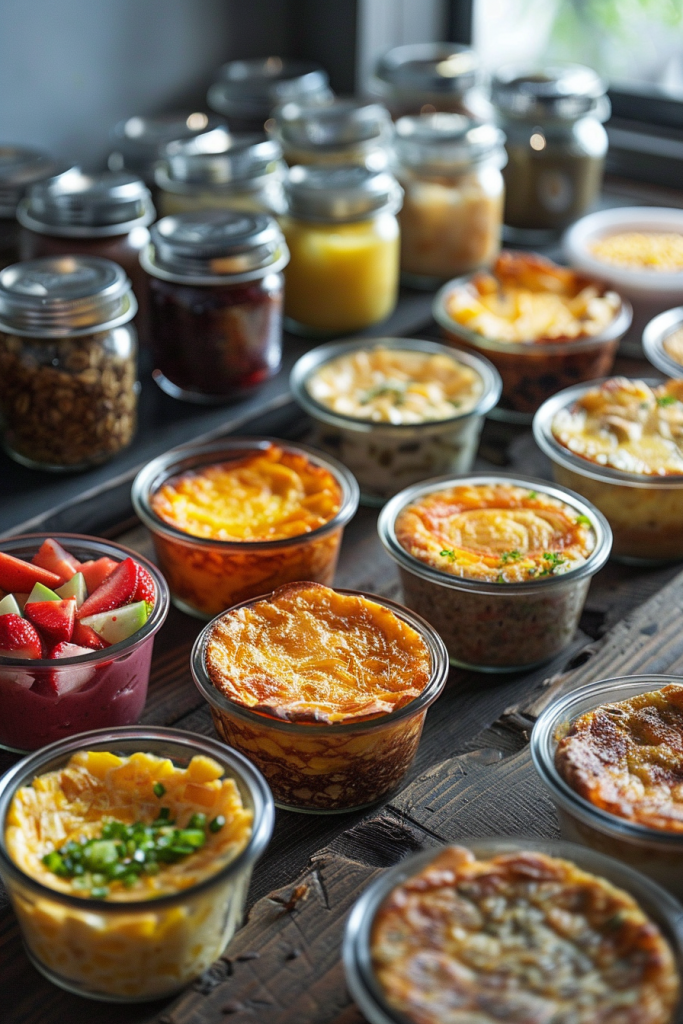 A selection of individual portions of fruit salads, quiches, and other meals neatly stored in glass jars for meal prep