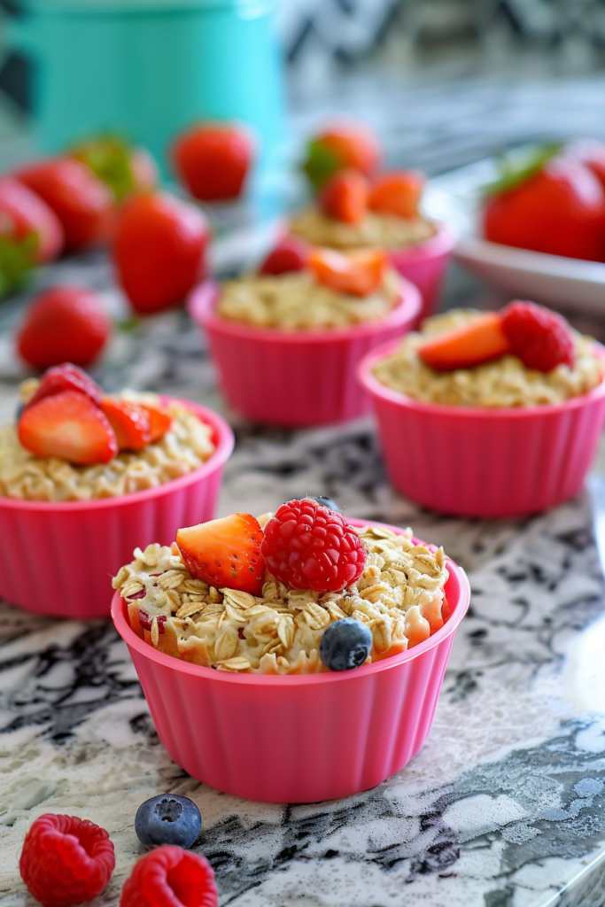Oatmeal cups topped with fresh strawberries, raspberries, and blueberries in pink silicone molds