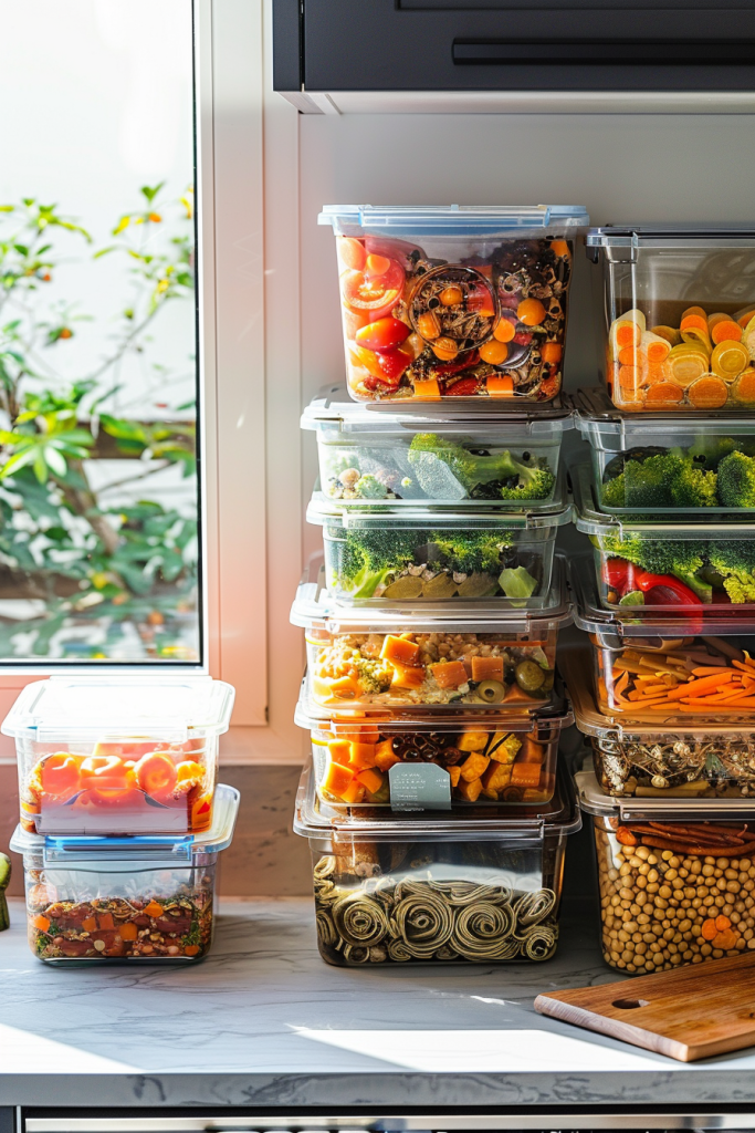 Stacked containers filled with colorful chopped vegetables, including tomatoes, broccoli, and carrots, in a sunlit kitchen