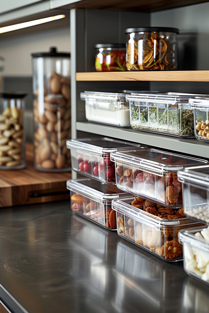 Organized kitchen pantry with clear containers filled with snacks, nuts, and dry ingredients on shelves