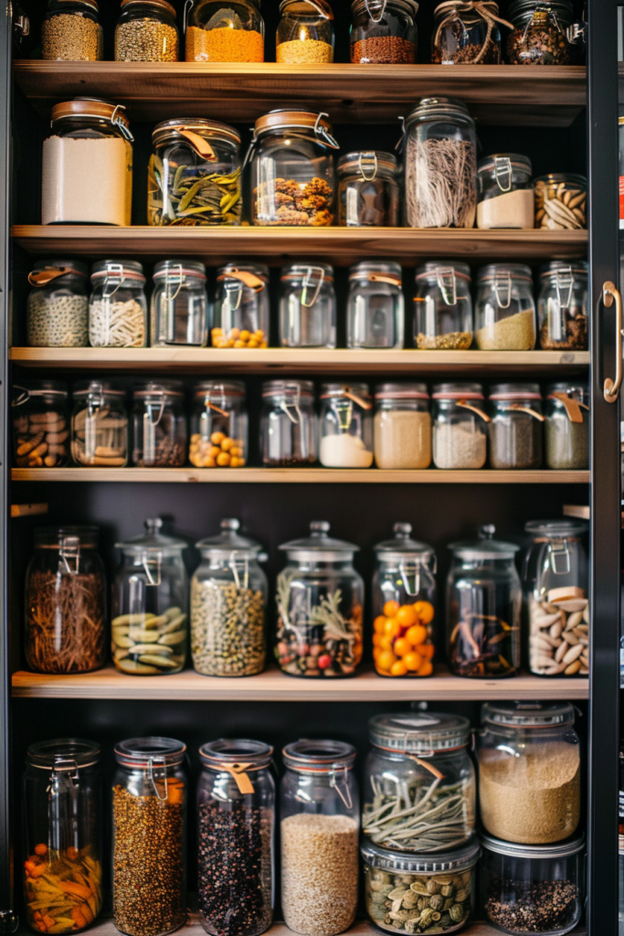 A neat pantry shelf with glass jars filled with dry goods, nuts, and grains