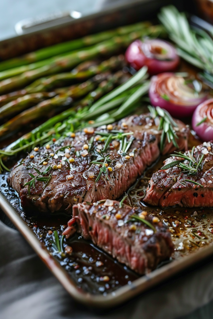 Close-up of roasted steak with rosemary, asparagus, and onions on a baking tray