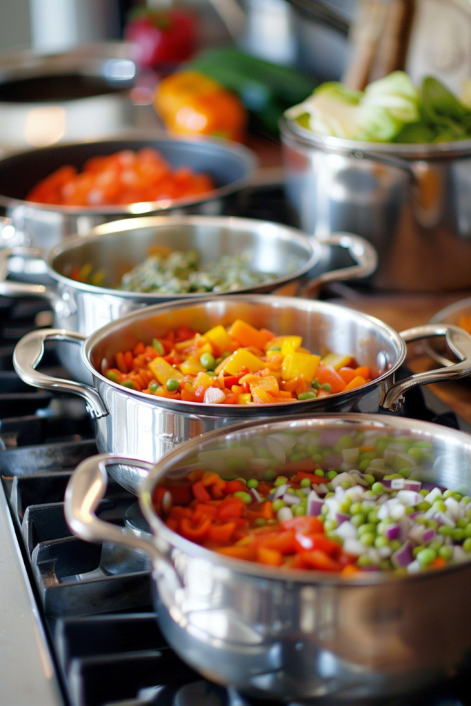 Colorful vegetables, including carrots, bell peppers, and peas, cooking in stainless steel pots on a stovetop