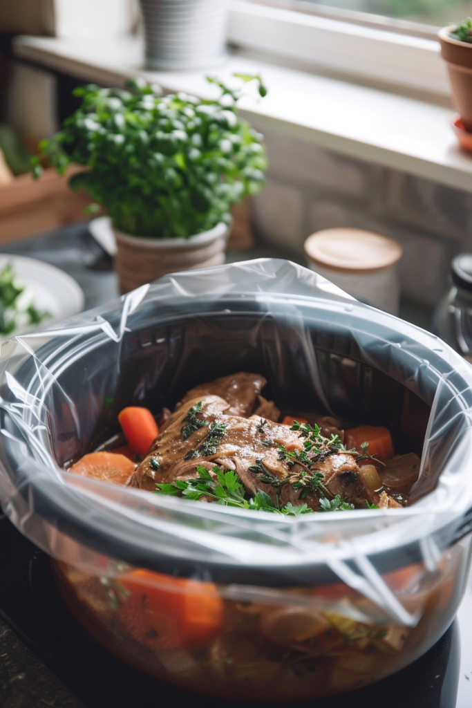 A slow cooker filled with roast beef, carrots, and herbs, ready for cooking