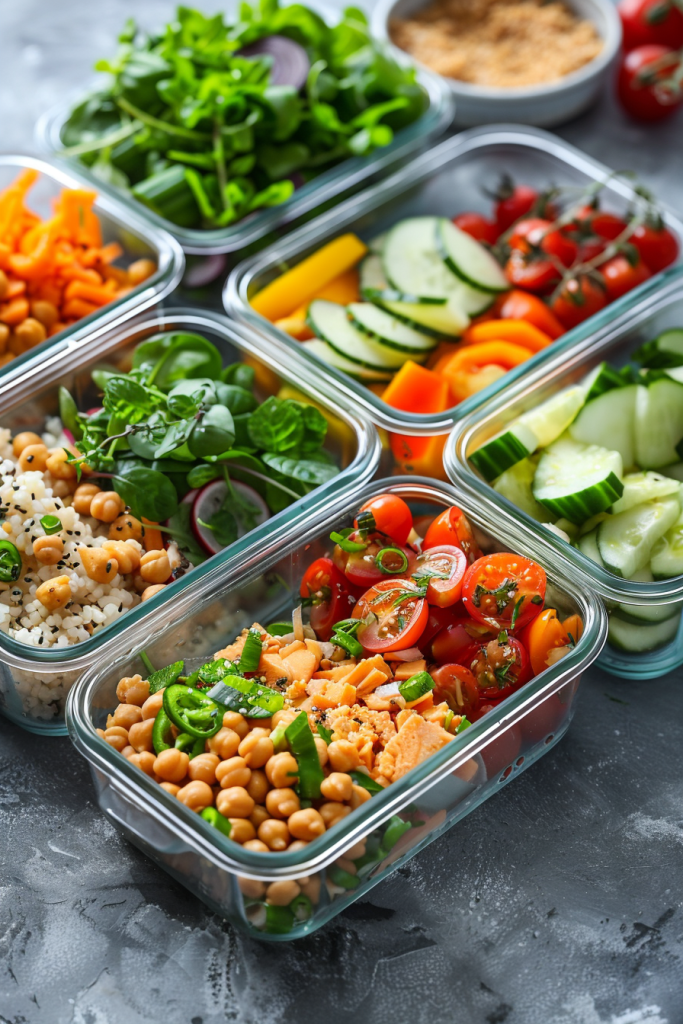 A variety of colorful vegetables, grains, and salads stored in clear containers for meal prep