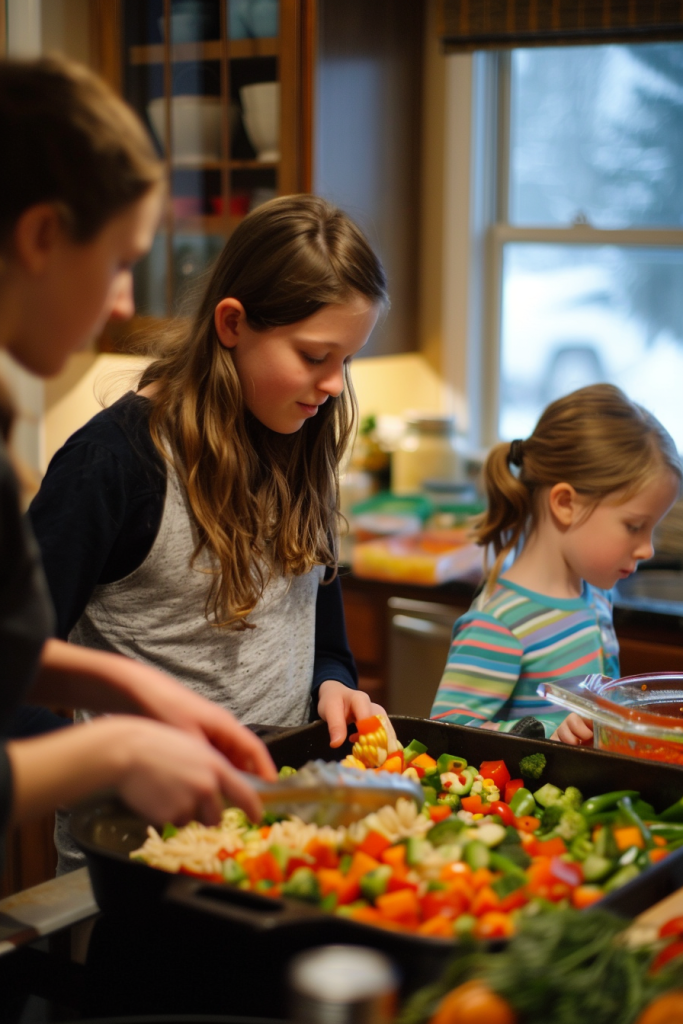 Three young girls cooking and chopping vegetables together in the kitchen