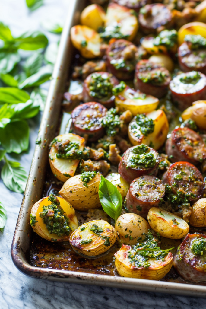Pesto-Topped Sausage and Potatoes