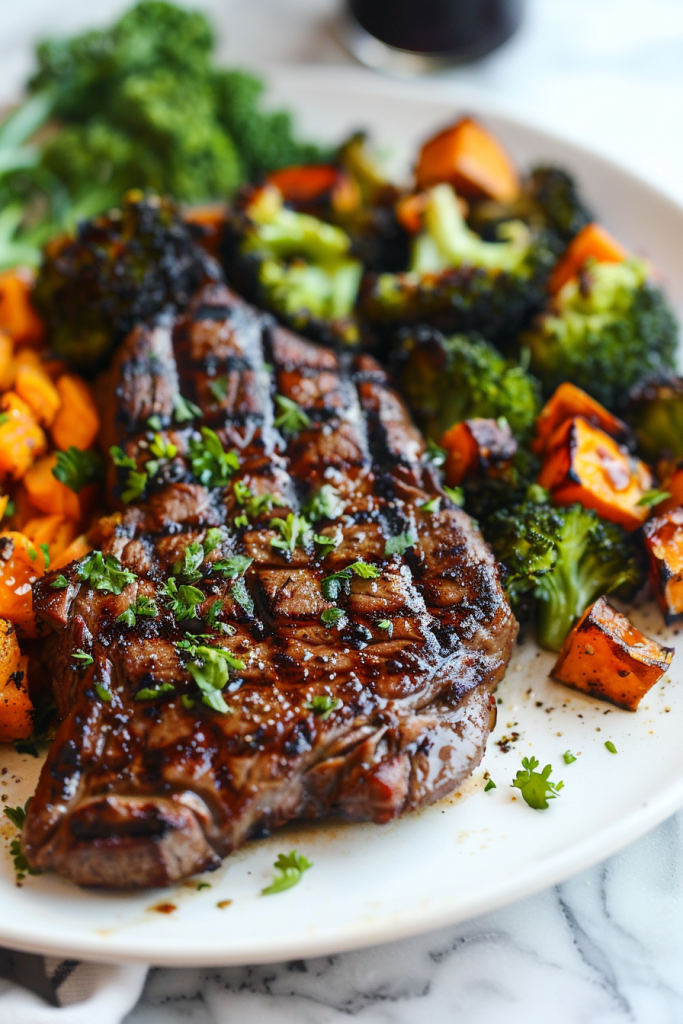 Grilled Sirloin with Roasted Broccoli and Sweet Potatoes