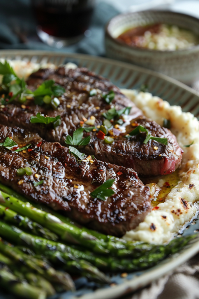 Garlic Butter Steak with Asparagus and Mashed Cauliflower