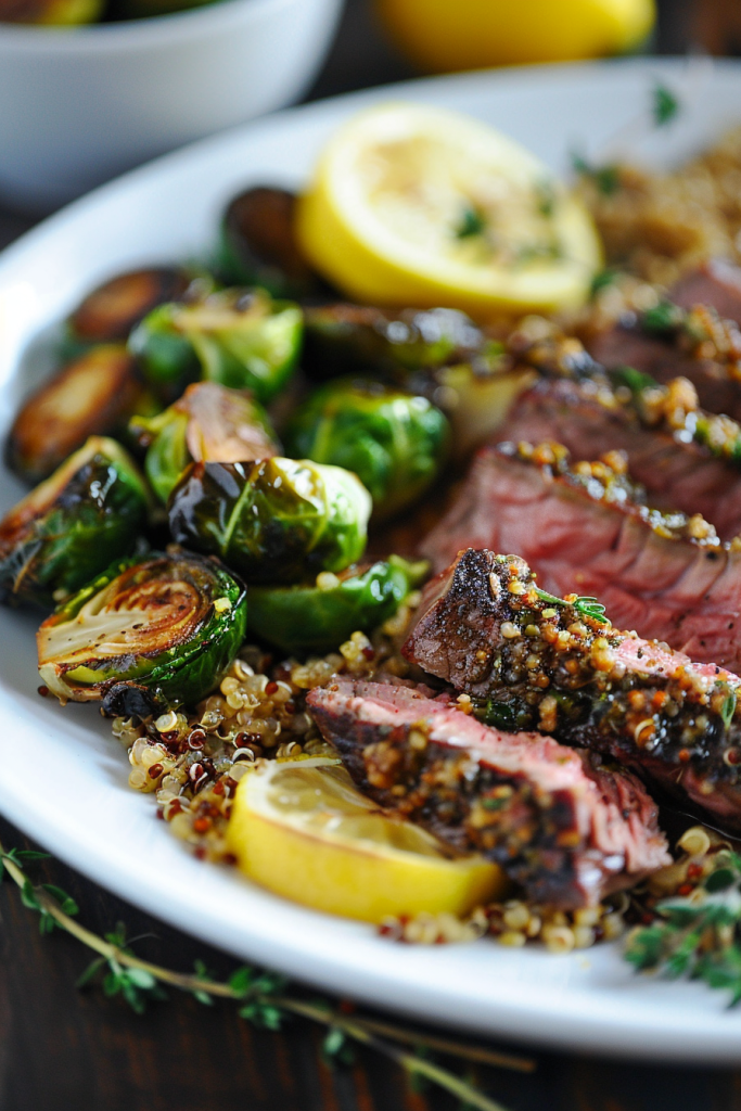 Lemon Herb Steak with Roasted Brussels Sprouts and Quinoa