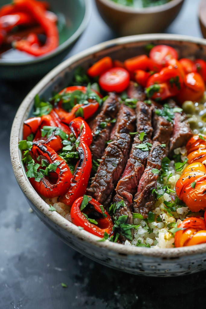 Cauliflower Rice Steak Bowl with Roasted Peppers