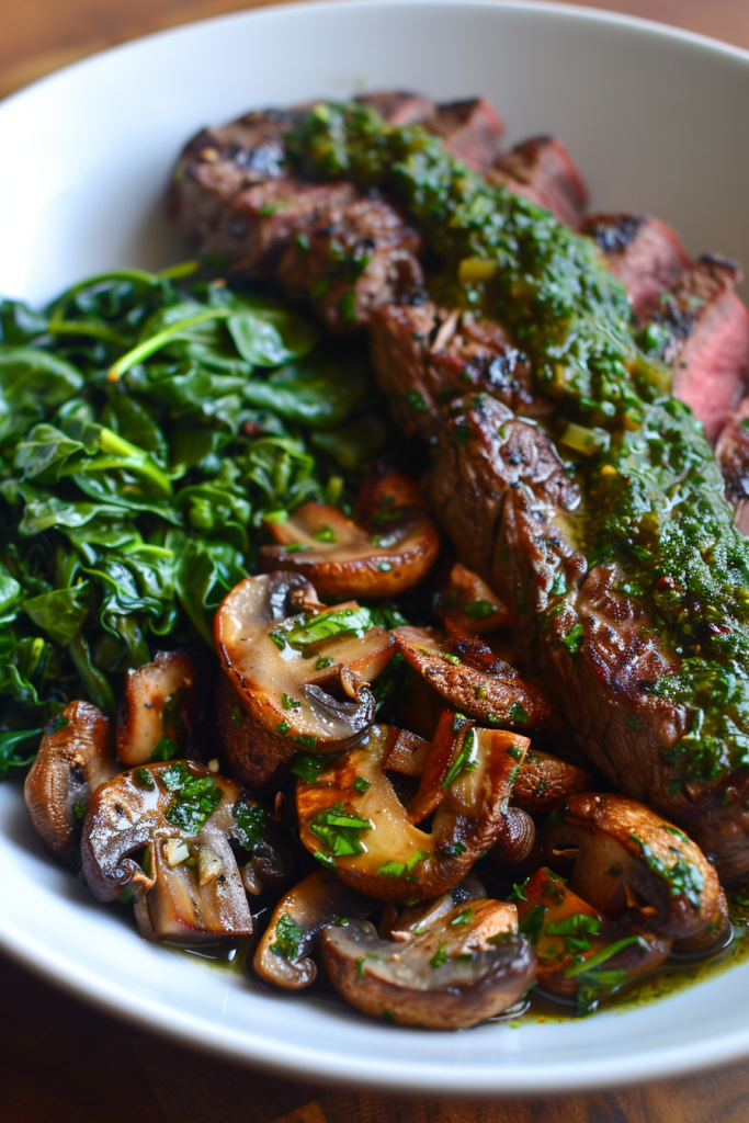 Chimichurri Steak with Roasted Mushrooms and Spinach
