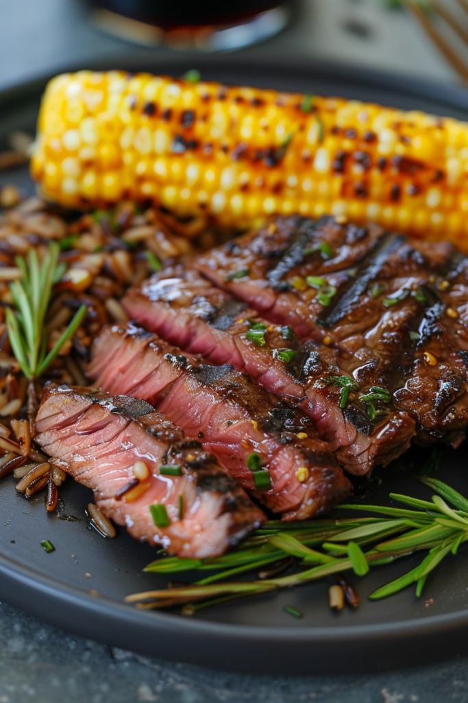 BBQ Steak with Roasted Sweet Corn and Wild Rice