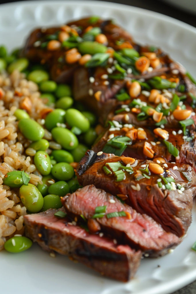 Spicy Sriracha Steak with Edamame and Brown Rice