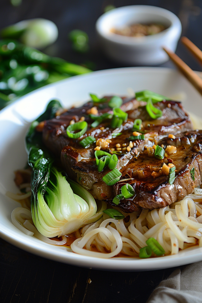 Miso Ginger Steak with Bok Choy and Rice Noodles