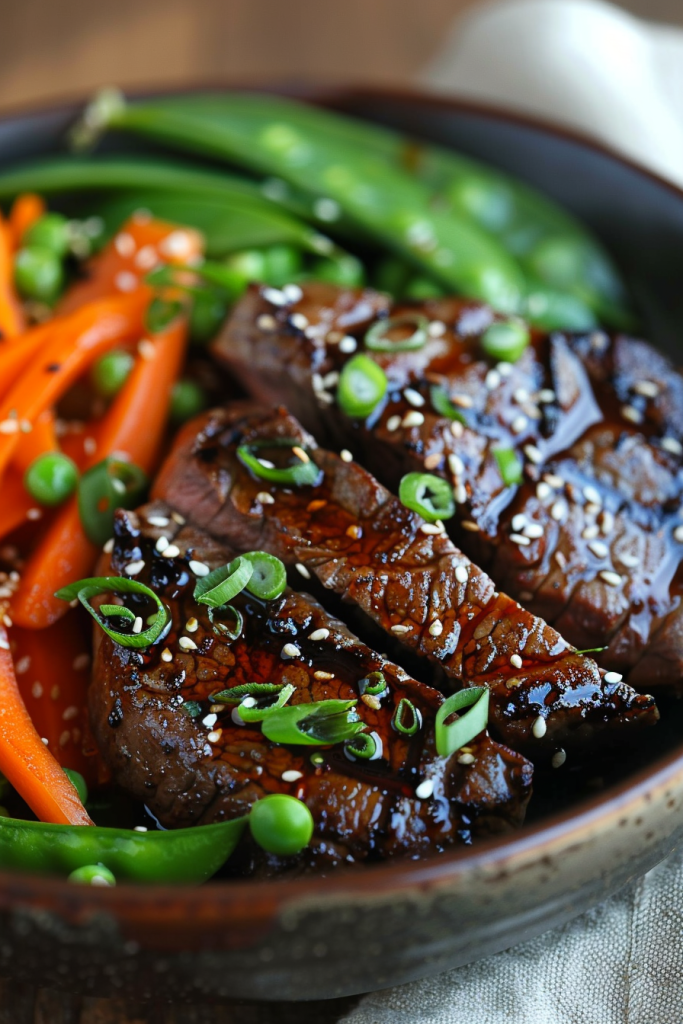 Soy-Glazed Steak with Sesame Carrots and Snow Peas