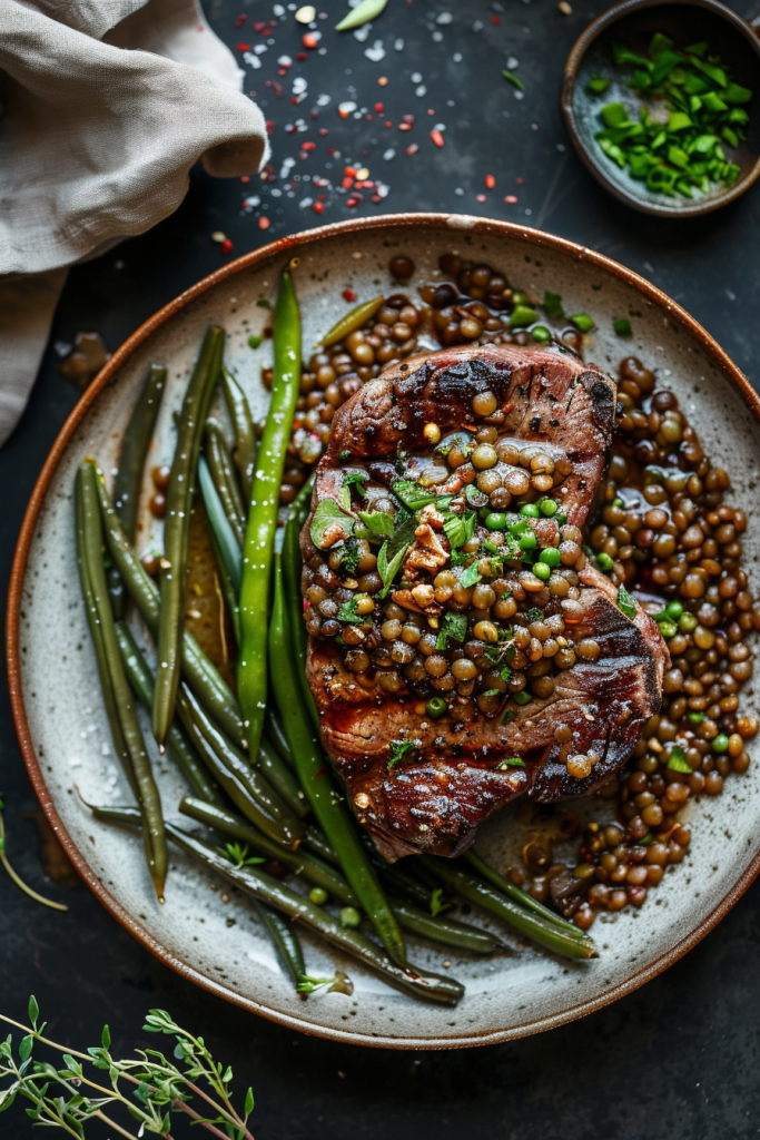 French Dijon Steak with Green Beans and Lentils