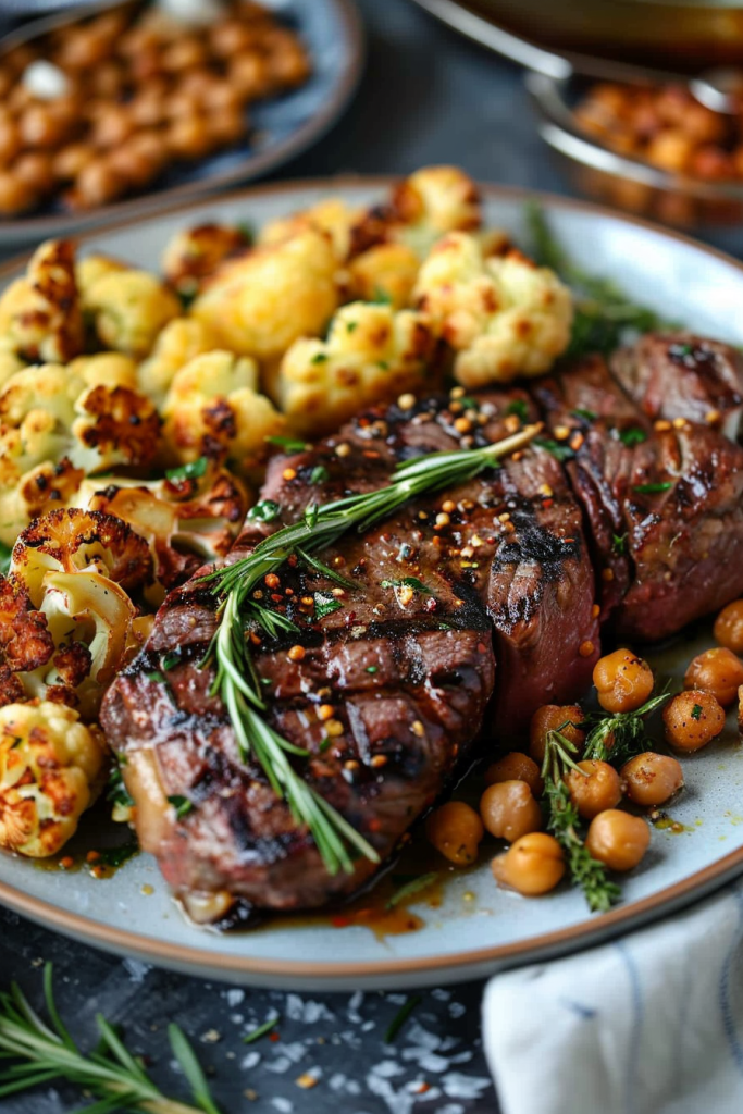 Garlic Rosemary Steak with Roasted Cauliflower and Chickpeas
