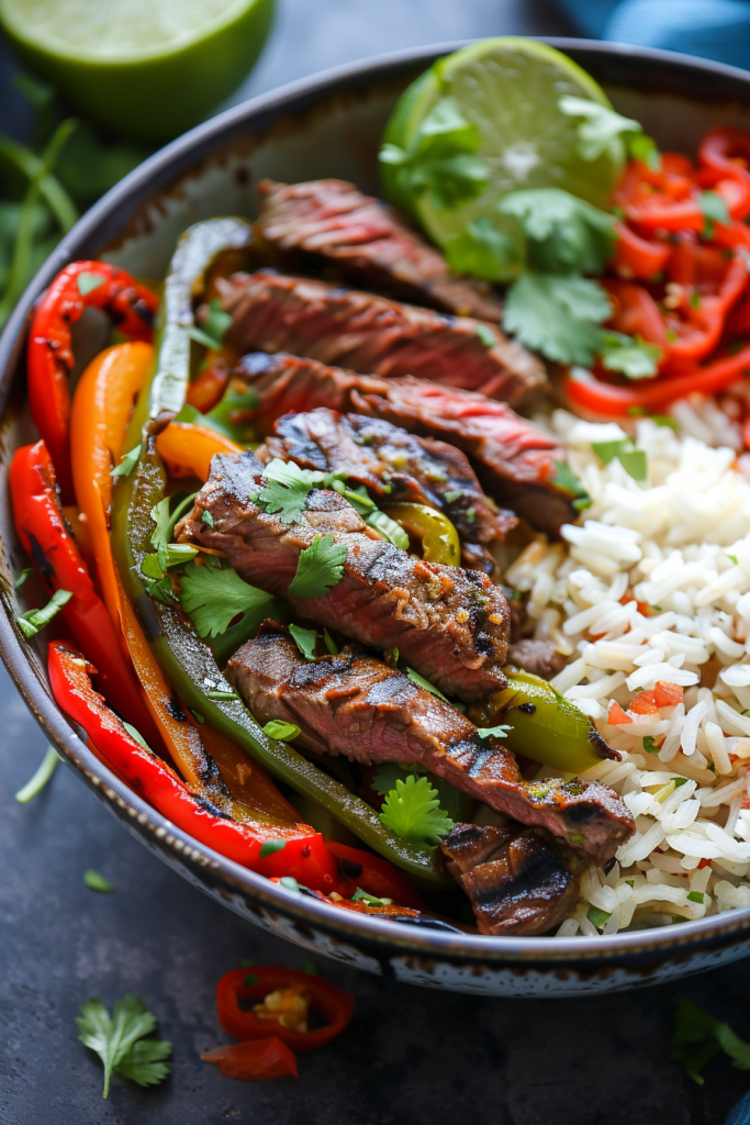 Fajita Steak Bowl with Bell Peppers and Cilantro-Lime Rice