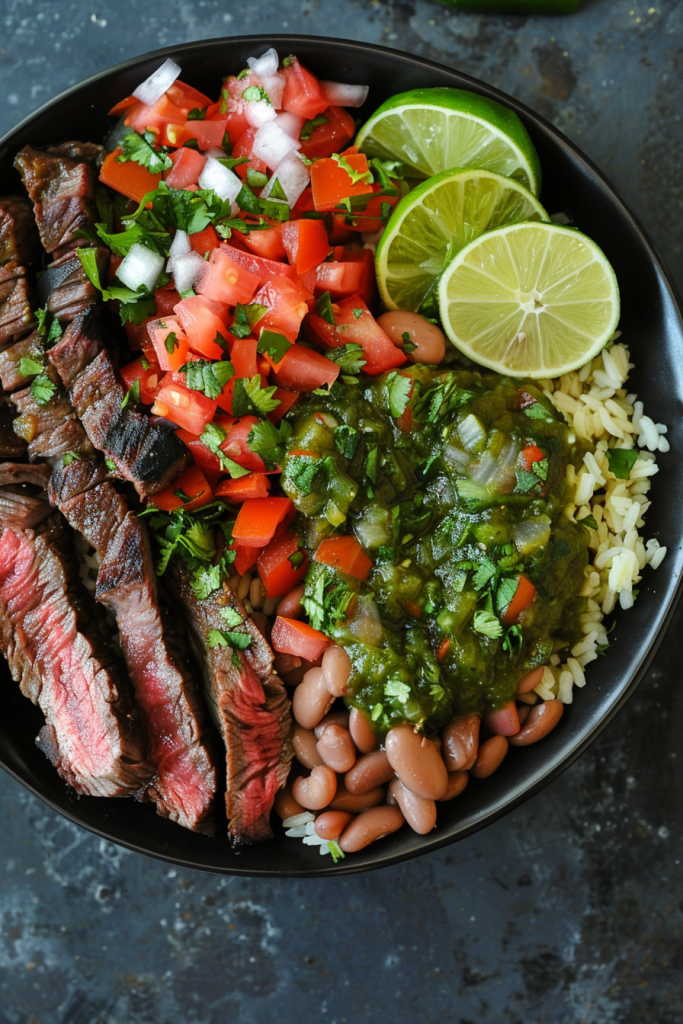 Carne Asada Steak Bowl with Pinto Beans and Salsa Verde