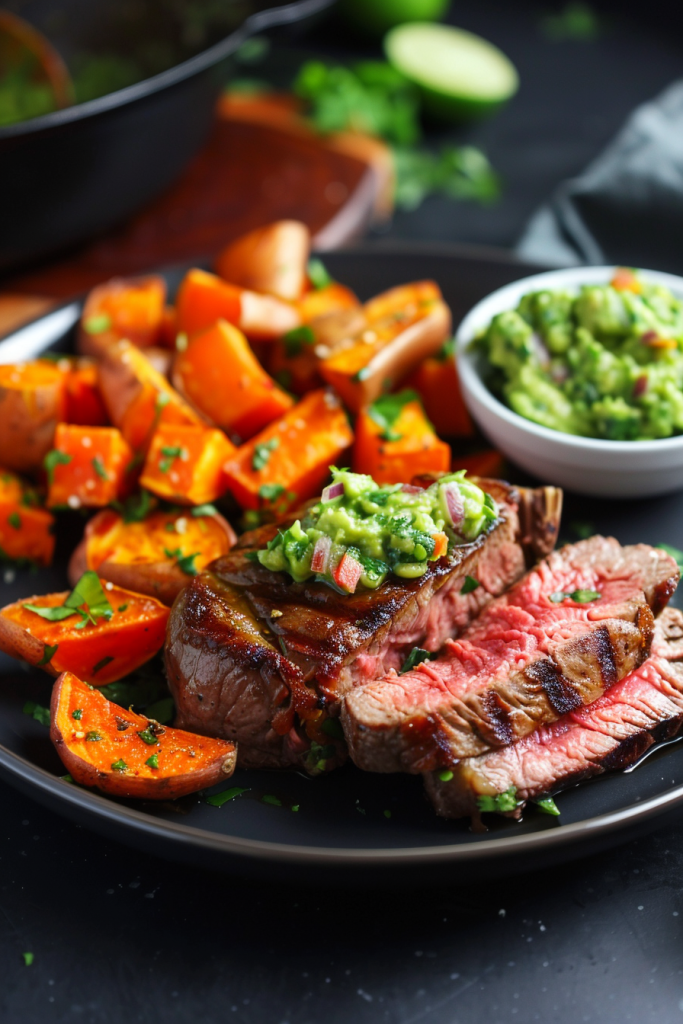 Chipotle Steak with Roasted Sweet Potatoes and Guacamole