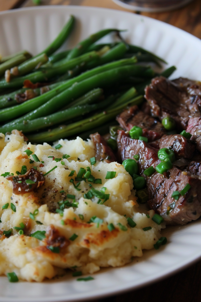 Steak and Roasted Garlic Mashed Potatoes with Green Beans