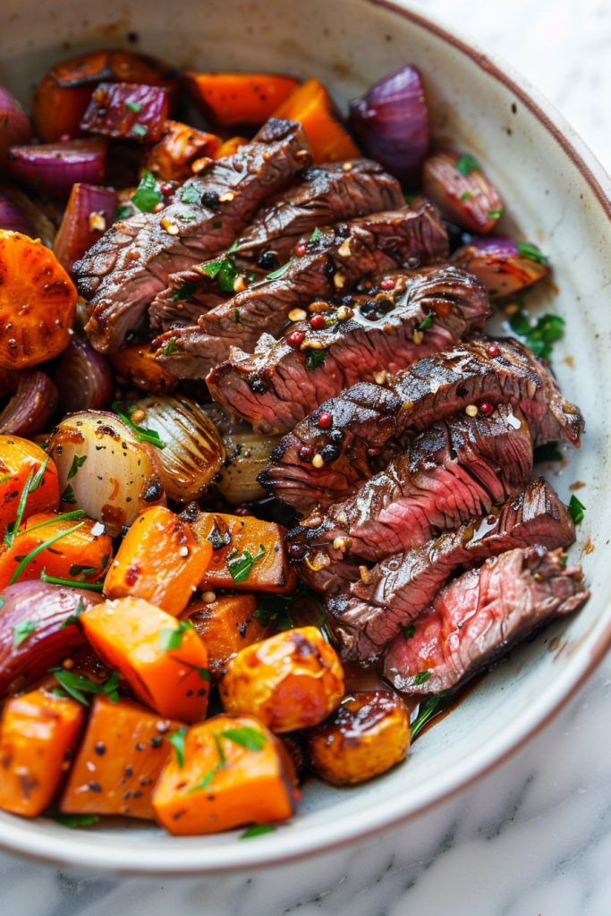 Steak and Balsamic Roasted Root Veggies Bowl