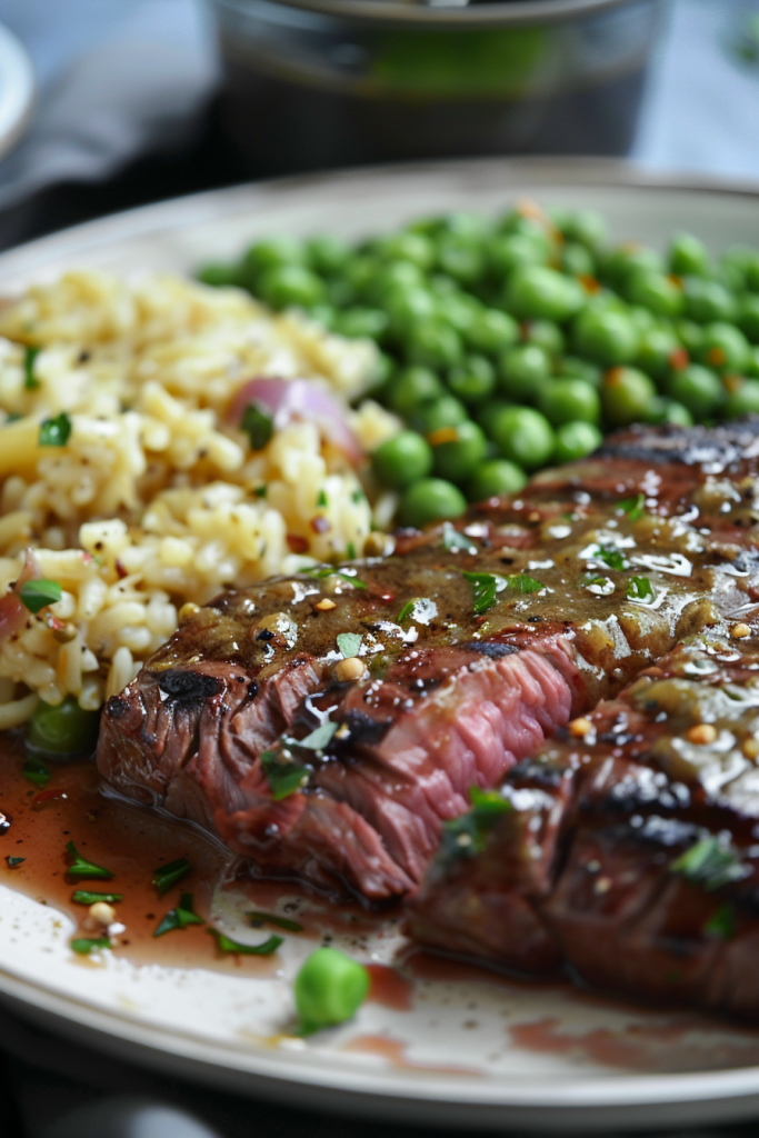 Peppercorn Steak with Buttered Peas and Rice Pilaf