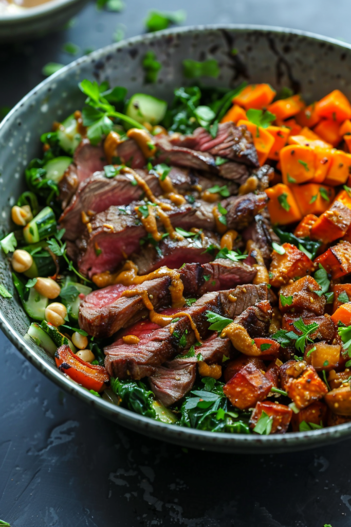 Steak and Peanut Butter Roasted Veggies Bowl